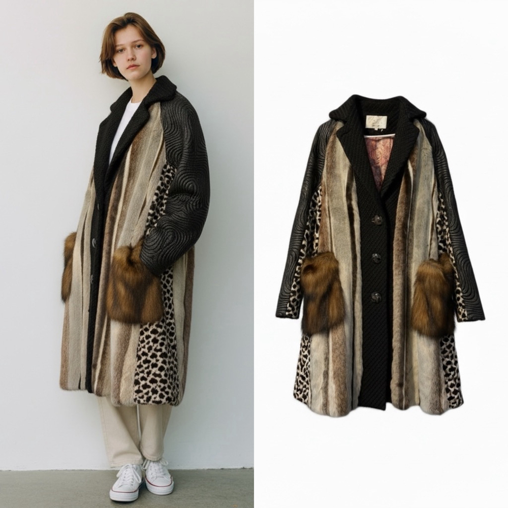 Byron Lars Beauty Mark Faux Fur Patchwork Coat – Leopard & Textured Panels Sz 6